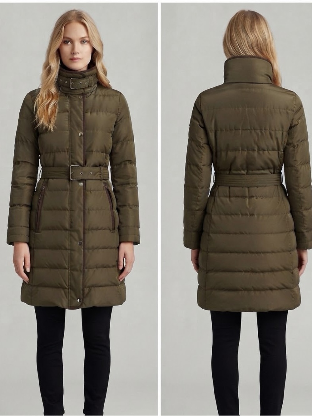 NEW WOMEN QUILTED PUFFER FAUX FUR COLLAR BELTED JACKET WITH PACKABLE HOOD LINED